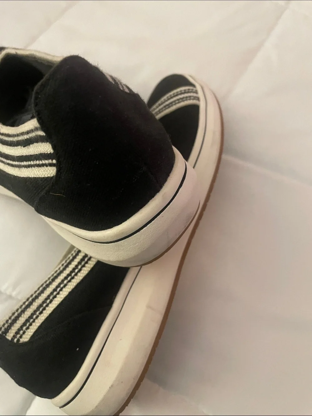 Clarks Black Slip-On Canvas Flats with Cream Stripes NEW